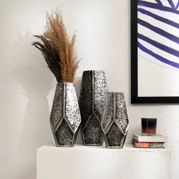Set of Three Antiqued Silver Aluminum Urn Table Vases