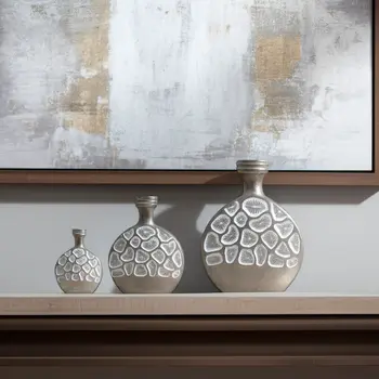 Set of Three Silver And White Abstract Aluminum Oval Table Vases