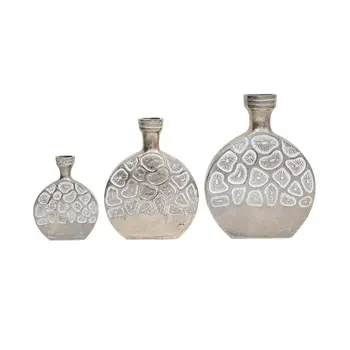 Set of Three Silver And White Abstract Aluminum Oval Table Vases