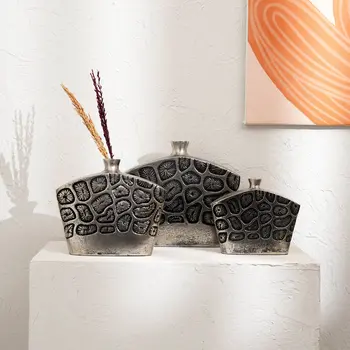 Set of Three Black And Silver Abstract Aluminum Urn Table Vases