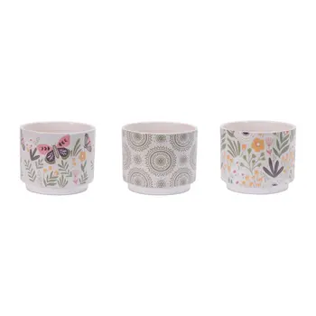 Set of Three Green Pink And White Ceramic 1 Ounce Geometric Round Pot Planters