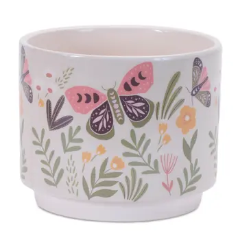 Set of Three Green Pink And White Ceramic 1 Ounce Geometric Round Pot Planters