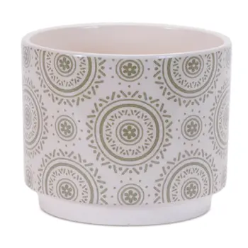 Set of Three Green Pink And White Ceramic 1 Ounce Geometric Round Pot Planters