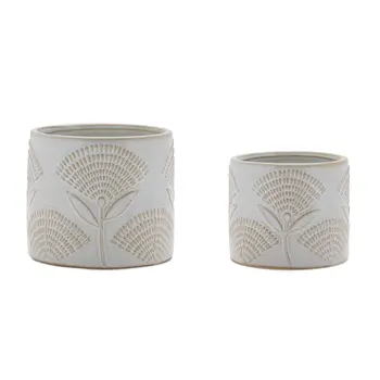 Set of Two White And Beige Porcelain 1 Ounce Geometric Round Pot Planters