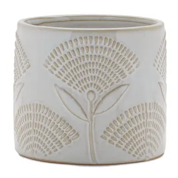 Set of Two White And Beige Porcelain 1 Ounce Geometric Round Pot Planters