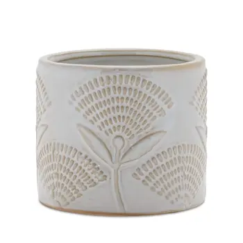 Set of Two White And Beige Porcelain 1 Ounce Geometric Round Pot Planters