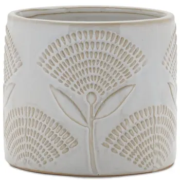 Set of Two White And Beige Porcelain 1 Ounce Geometric Round Pot Planters