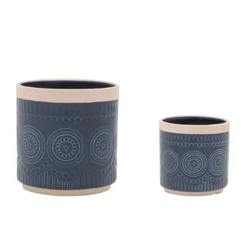 Set of Two Blue And Beige Ceramic 1 Ounce Geometric Round Pot Planters