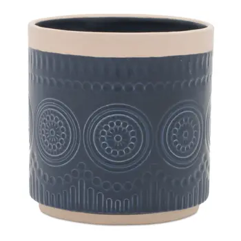 Set of Two Blue And Beige Ceramic 1 Ounce Geometric Round Pot Planters