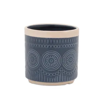 Set of Two Blue And Beige Ceramic 1 Ounce Geometric Round Pot Planters