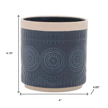 Set of Two Blue And Beige Ceramic 1 Ounce Geometric Round Pot Planters