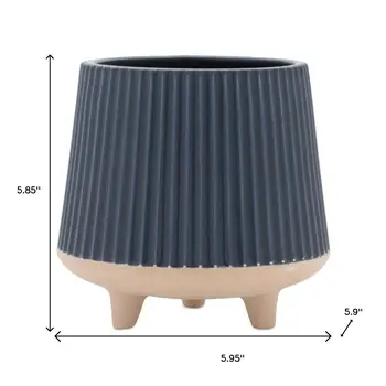 Set of Two Blue And Beige Ceramic 1 Ounce Geometric Round Pot Planters