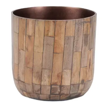 Set of Two Brown Wood 1 Ounce Round Pot Planters