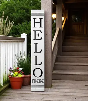 59" Black And White Solid Wood Hello Welcome Reversible Porch Sign