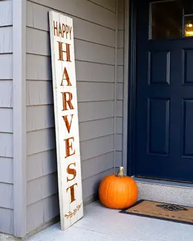 72" White And Orange Rustic Solid Wood Happy Harvest Porch Sign