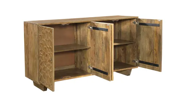 70" Brown Distressed Solid Wood Carved Floral Sideboard with Four Doors