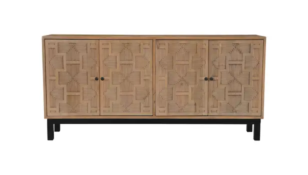 80" Brown Solid Wood Carved Geometric Sideboard with Four Doors