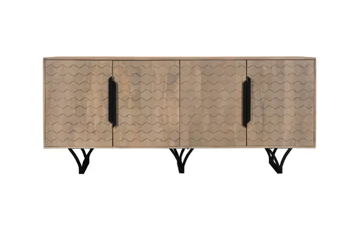 84" Beige Solid Wood Carved Geometric Sideboard with Four Doors