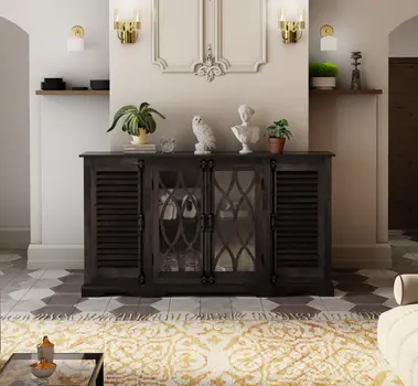 70" Dark Brown Solid Wood Carved Geometric Sideboard with Four Doors