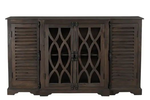70" Dark Brown Solid Wood Carved Geometric Sideboard with Four Doors