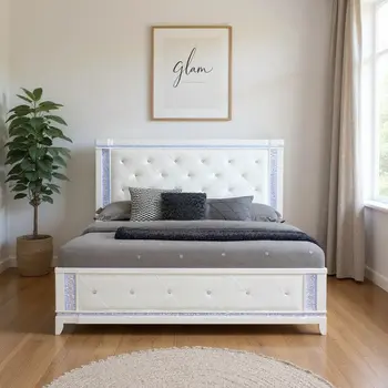 White Faux Crystal Bling Wood And Tufted Cotton Lighted King Bed Frame