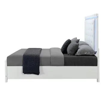 White Faux Crystal Bling Wood And Tufted Cotton Lighted Queen Bed Frame