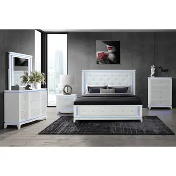 White Faux Crystal Bling Wood And Tufted Cotton Lighted Queen Bed Frame