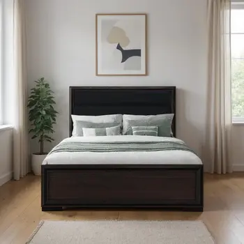 Brown and Black Wood And Upholstery Full Bed Frame