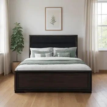 Brown and Black Wood And Upholstery King Bed Frame
