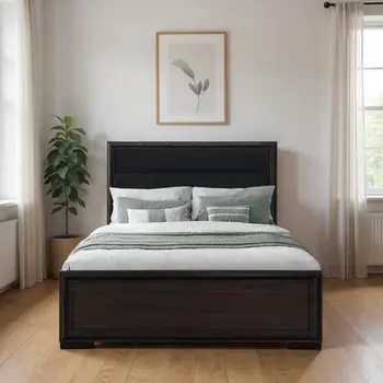 Brown and Black Wood And Upholstery Queen Bed Frame