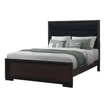 Brown and Black Wood And Upholstery Queen Bed Frame