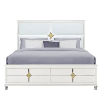 Gold and White Wood And Upholstery Lighted Queen Bed Frame