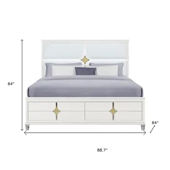 Gold and White Wood And Upholstery Lighted Queen Bed Frame