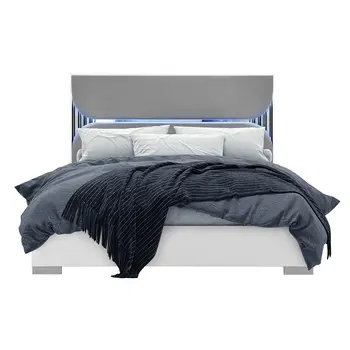 White and Gray Wood And Upholstery Lighted King Bed Frame