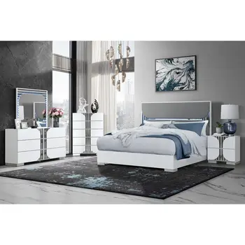 White and Gray Wood And Upholstery Lighted King Bed Frame