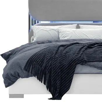 White and Gray Wood And Upholstery Lighted King Bed Frame
