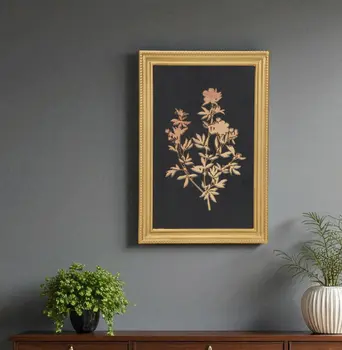 21" X 14" Gold And Black Flower Bouquet Wood Framed Art