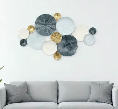 25" X 41" Blue Gold And White Geometric Metal Round Discs Hanging Dimensional Sculpture