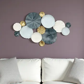 25" X 41" Blue Gold And White Geometric Metal Round Discs Hanging Dimensional Sculpture