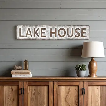 7" X 36" Gray Lake House Metal Wall Decor
