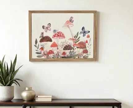 20" X 26" Natural And White Butterflies and Mushrooms Metal Framed Art