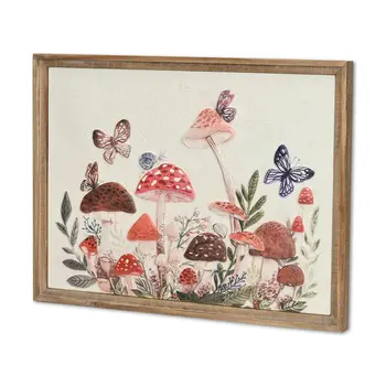 20" X 26" Natural And White Butterflies and Mushrooms Metal Framed Art
