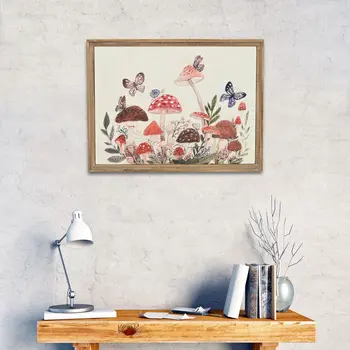 20" X 26" Natural And White Butterflies and Mushrooms Metal Framed Art