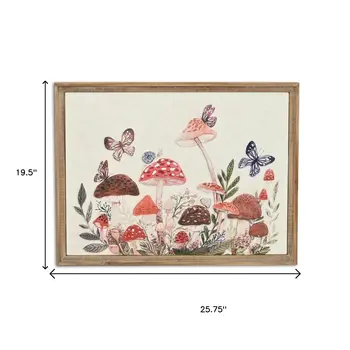 20" X 26" Natural And White Butterflies and Mushrooms Metal Framed Art