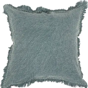 22" Green Linen And Cotton Throw Pillow with Fringe