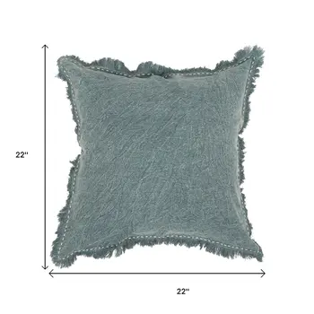 22" Green Linen And Cotton Throw Pillow with Fringe