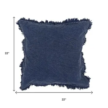 22" Indigo Linen And Cotton Throw Pillow with Fringe