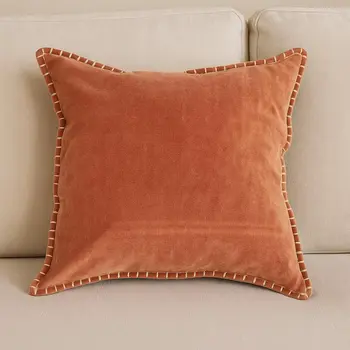 19" Orange Velvet And Cotton Throw Pillow
