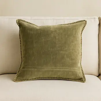 19" Olive Green Velvet And Cotton Throw Pillow