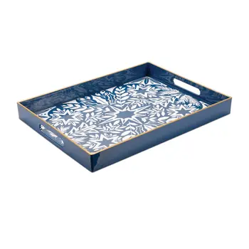 16" Blue And White Geometric Star And Trees Serving Tray With Handles
